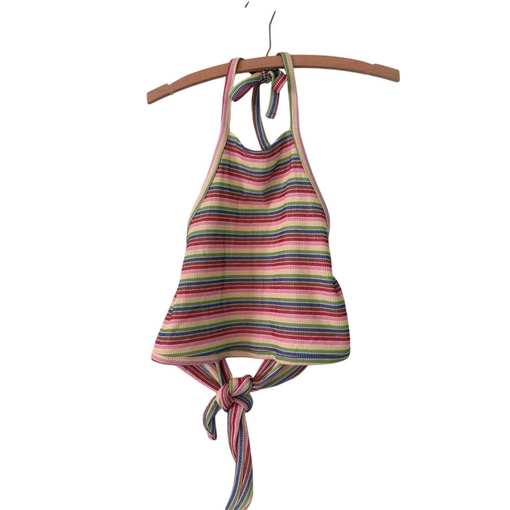 Women's Medium Pride Rainbow Stripe Open Back Tie Halter Top